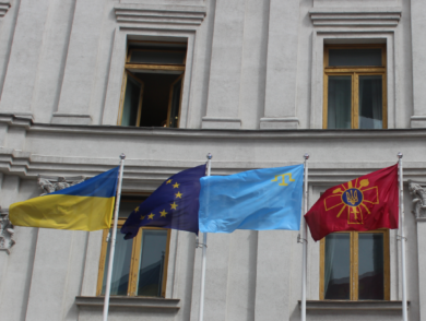Crimean Tatar flag raised on flagpoles near the administrative building of the Ministry of Foreign Affairs of Ukraine